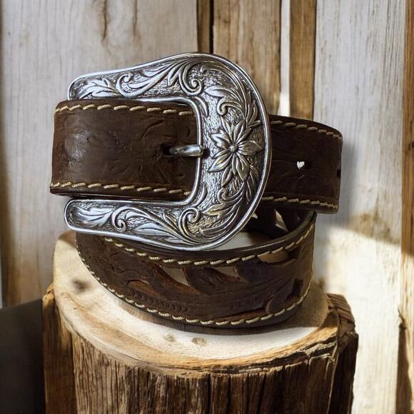 Red River Outfitters Western Belt Kids Brown Tooled Leather Cowboy Cowgirl Sz 22 - Picture 1 of 10